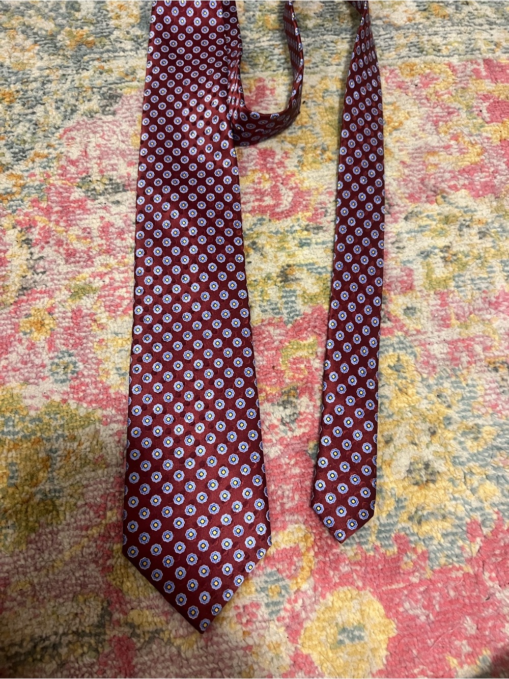 Jos. A. Bank Burgundy Silk Tie with Blue and White Dot Medallions